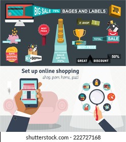 Set of flat online shopping design concept and sale badges and labels. Elements for web and mobile apps, banners, ux/ui kit, sales and promotions advertising material.
