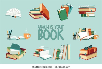 Set flat open and close books, library piles and stacks. Novel book with bookmark. Textbooks for reading and education. Literature set. Academic educational books for school or college
