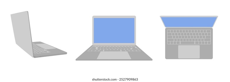 Conjunto de um plano aberto laptops - vista lateral, frontal e superior. Ilustração vetorial isolada no plano de fundo branco