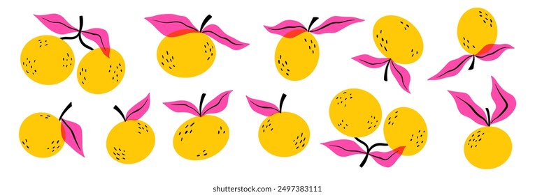 Set of flat oranges. Yellow tangerine. Pink leaves. Doodle. Kids illustration on white background