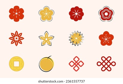 Conjunto de decoraciones orientales planas para postales, banners, artes, sellos vectores, pegatinas y símbolos asiáticos.