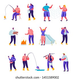 Set of Flat Outdoor Activities Characters. Cartoon People Having Active Leisure on Nature, Chopping Woods, Fishing, Collecting Mushrooms in Forest, Photographing. Vector Illustration.