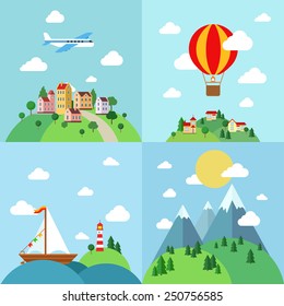 Set of flat outdoor vacation landscapes template. Travel by air plane, balloon, sail boat yacht, mountain hiking. Creative vector landscape collection.