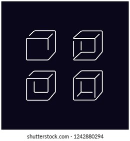 Set of flat outline boxes (cubes) - vector icons isolated; white graphic signs on grey background in minimalistic style. Vector illustration for delivery and postal services, advertising, promo, web.