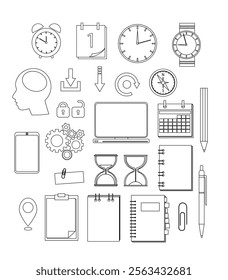 Set of flat outline business and time management  icons. Black and white line clipart