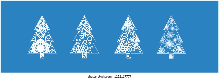Set of flat outline christmas trees made from snowflakes - vector icons isolated; white graphic signs on blue background for seasonal design and decoration, prints, cards, greetings, invitations, web.