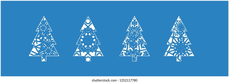 Set of flat outline christmas trees made from snowflakes - vector icons isolated; white graphic signs on blue background for seasonal design and decoration, invitations, greetings, prints, cards, web.