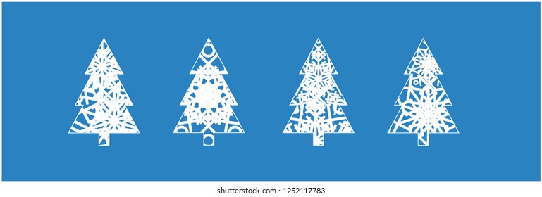 Set of flat outline christmas trees made from snowflakes - vector icons isolated; white graphic signs on blue background for seasonal design and decoration, invitations, greetings, cards, prints, web.