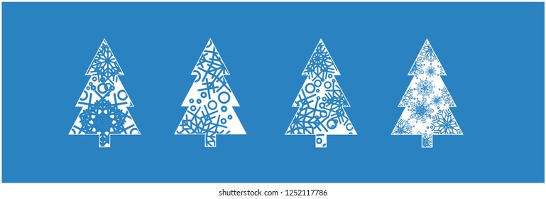 Set of flat outline christmas trees made from snowflakes - vector icons isolated; white graphic signs on blue background for seasonal design and decoration, cards, greetings, prints, invitations, web.