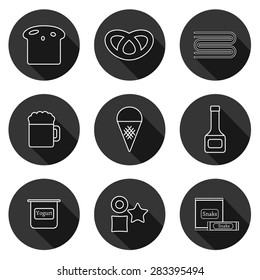 Set of flat outline icons with allergic gluten products: bread, pastry, pasta, beer, yogurt, ice cream, dry breakfast, ketchup and snack food for your design