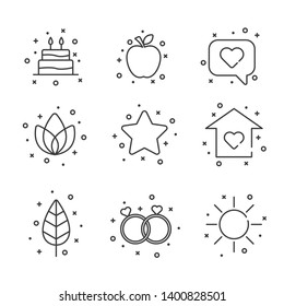 Set of flat outline icons. Icons collection. Various icons such as heart, flower, cake, sun, rings, and other. Vector illustration.