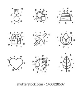 Set of flat outline icons. Icons collection. Various icons such as heart, flower, cake, sun, rings, and other. Vector illustration.