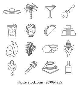 Set of flat outline icons of  Mexican theme: sombrero, poncho, tequila, cocktails, taco, skull, guitar, pyramid, avocado, lemon, chili pepper, cactus, indian head dress, palm. Isolated national mexican objects