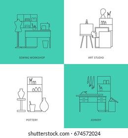 Set of flat outline icons. Modern art studio, pottery, joinery, sewing workshop interior design. Vector isolated linear illustrations.