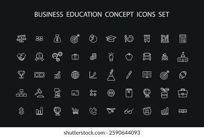 Set of flat outline icons on the theme of business and education. Vector on black background