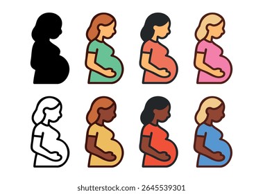 Conjunto de ícones planos e contornos de mulheres grávidas de diferentes etnias em vista de perfil isolado no fundo branco. Conceito de diversidade, gravidez, maternidade, maternidade.