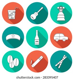 Set of flat outline icons with shadows on Cuba theme with rum, coctail Cuba Libre, old car, sugar cane, coffee, guitar, cigar, national woman's dress and famous hat of Che for your cuban design