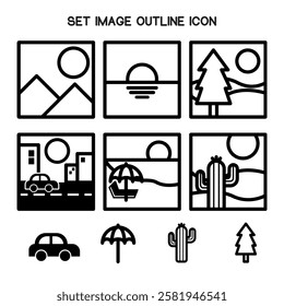 Set of flat outline image or picture icons featuring various minimalist landscapes and objects, including mountains, sunsets, pine trees, cityscapes with cars, beach umbrellas, and cacti