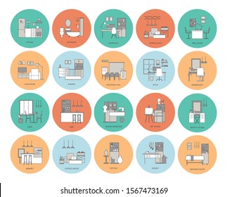 Set of flat outline interior places icons. Modern cafe, bakery, bar, co-working, coffee shop, workshop, home, office, barbershop, nail studio interior design. Vector isolated linear illustrations.