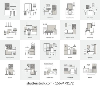 Set of flat outline interior places icons. Modern co-working, coffee shop, workshop, home, office, conference, nail beauty studio interior design. Vector black and white isolated linear illustrations.