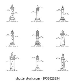 Set of flat outline minimalism lighthouses. Vector illustration