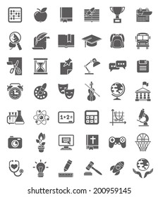 Set of flat outline monochrome silhouette vector icons of school subjects, education and science symbols. Concepts for website, web services, apps, infographics, promotional printed materials.