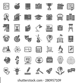 Set of flat outline monochrome silhouette vector icons of school subjects, education and science symbols. Concepts for website, web services, apps, infographics, promotional printed materials