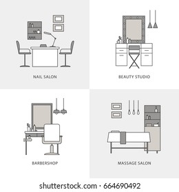 Set of flat outline salon black and white icons. Modern massage, nail salon, barbershop, beauty studio interior design. Vector isolated linear illustrations.