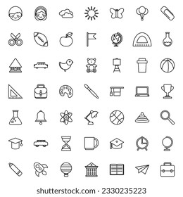 Set of flat outline school supplies icons. Vector.