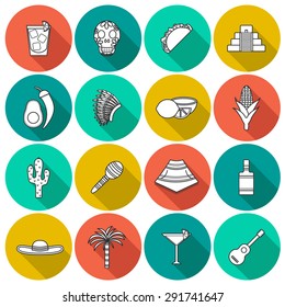 Set of flat outline shadow icons on Mexico theme: sombrero, poncho, tequila, coctails, taco, skull, guitar, pyramid, avocado, lemon, chilli pepper, cactus, injun hat, palm. Isolated national mexican