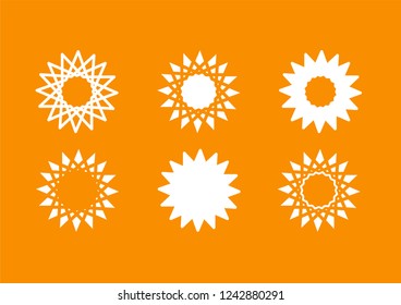 Set of flat outline suns - vector icons isolated; stylish white graphic signs on yellow background in minimalistic style.