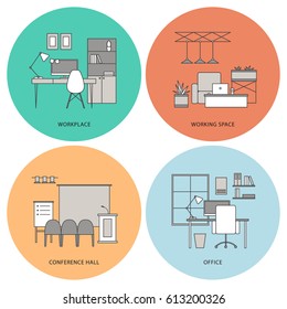 Set of flat outline working place icons on the colorful background. Modern office, work space, co working, coffee shop, conference hall interior design. Vector isolated  linear illustrations. 