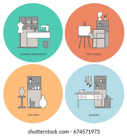 Set of flat outline workshop icons on the colorful background. Modern art studio, pottery, joinery, sewing workshop interior design. Vector isolated linear illustrations.