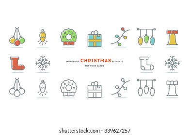 Set of flat outlined Christmas icons on white background. Stock vector.