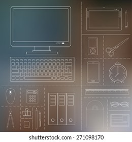 Set of flat outlines design concept icons for web, mobile services and apps. Computer device, office objects and business working elements for development and management of computer technologies