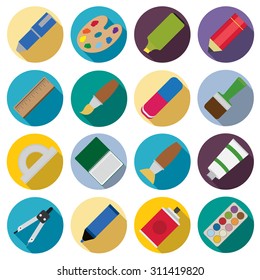 Set of flat painting icons. Pen and pencil, paintbrush and spray, eraser and ruler.