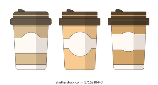 Set of flat paper coffee cups on a transparent background in brown color