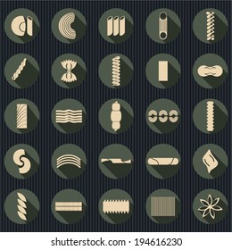 Set of flat pasta shapes icons.