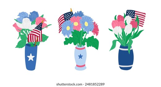 Set of Flat patriotic bunches of red, blue and white flowers with US flag. Vector illustration in American national colors isolated on white background. Perfect for decoration on Independence day