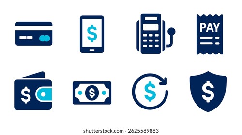 Conjunto de ícones de pagamento plano Cartão de crédito, Pagamento móvel, Terminal POS, Recibo, Carteira, Caixa, Reembolso,