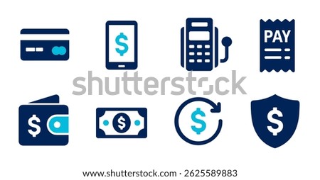 Set of Flat Payment Icons Credit Card, Mobile Payment, POS Terminal, Receipt, Wallet, Cash, Refund,