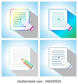 Set of Flat Pencil with Paper Page Icons Isolated. 