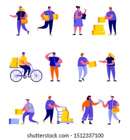 Set of flat people different delivery service workers characters. Bundle cartoon people delivering packages to clients isolated on white background. Vector illustration in flat modern style.