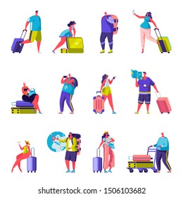 Set of flat people family goes on vacation characters. Bundle cartoon people travelers with suitcases go on a trip on white background. Vector illustration in flat modern style.