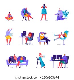 Set of flat people gamers characters. Bundle cartoon people players playing with various devices and poses on white background. Vector illustration in flat modern style.