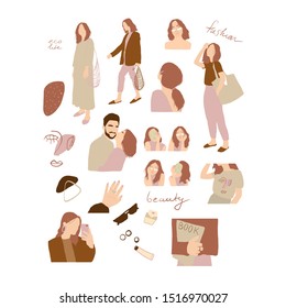 set flat people. girls dressed in trendy clothes, lovers, beauty objects, typography lettering slogans, abstract shapes elements. 