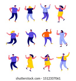 Set of flat people have a rest on party characters. Bundle cartoon people jump and have fun on holiday isolated on white background. Vector illustration in flat modern style.