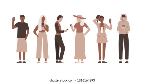 Set of flat people holding smartphone and chatting, texting and take selfie. Group of man and woman with mobile phones. 