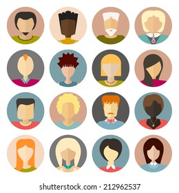 Set of flat people icons. Different faces of people for avatar, profile page, for app or web design made in modern flat style. Vector men, women characters.