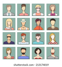 Set of flat people icons. Different faces of young people for avatar, profile page. Modern flat style. Vector illustration for use in design